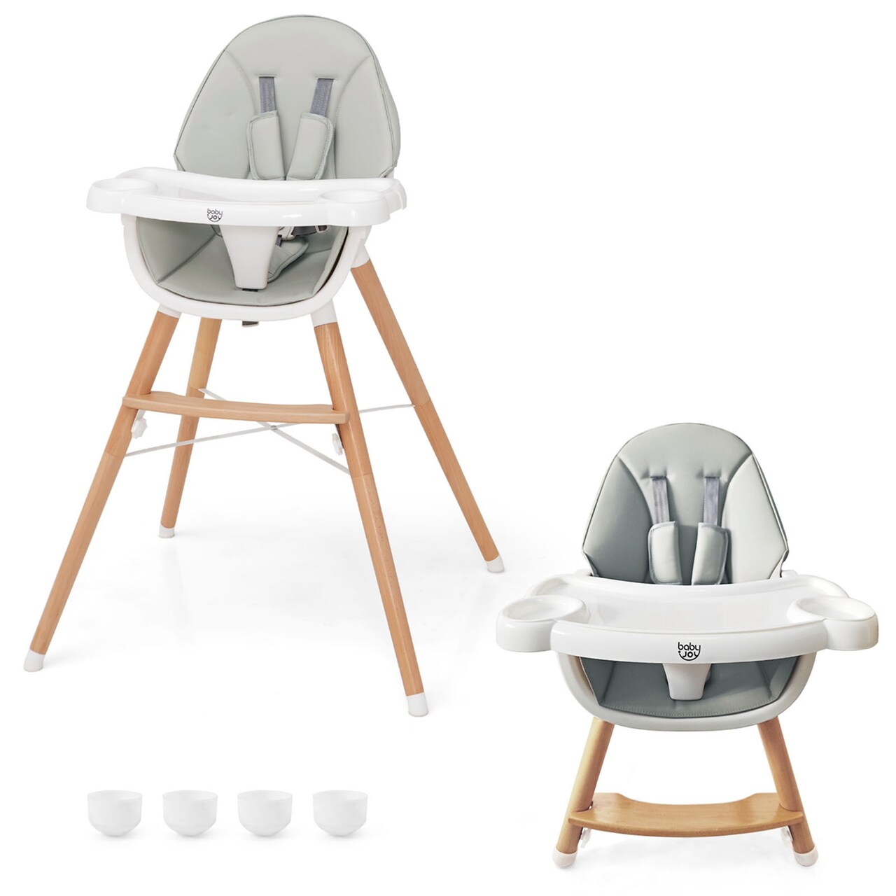 Costway Baby High Chair Wooden Feeding Chair with 4-Gear Tray & Removable Cushion Beige/Grey